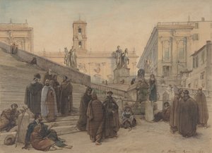 Das Kapitol vom Treppenaufgang der Kirche Aracoeli in Rom bei Sonnenuntergang