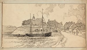 Ein Segelboot am Strand bei Ebbe, an einem Weg, der zu einem Dorf führt