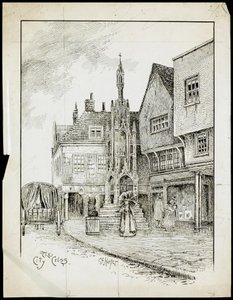 Ein Blick von Nordwesten auf das Butterkreuz, High Street, Winchester, Hampshire (Feder & Tinte auf Papier)