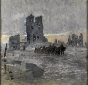 Pferdegezogene Transporte, möglicherweise ein Artilleriezug, passieren die zerstörte Tuchhalle, Ypern von Charles Gilbert Holiday
