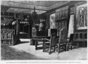 Heime von Victor Hugo, die Lounge im Hauteville-Haus in Guernsey, der Sessel des Vorfahren, graviert von Fortune Louis Meaulle (1844-1901)