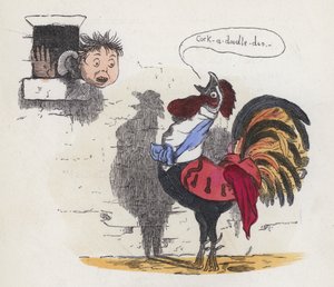 Junge, der von einem krähenden Hahn geweckt wird
