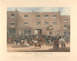Steeplechasing [Satz von sechs]: St. Albans Grand Steeple Chase. / 8. März 1832. Platte 1. Vorbereitung zum Start ...