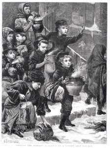 Die Hungrigen füttern, eine Suppenküche in London, 1880 von Charles J. Staniland