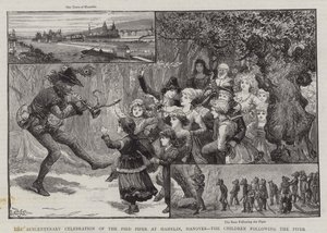 Die sechshundertjährige Feier des Rattenfängers von Hameln, Hannover, die Kinder folgen dem Rattenfänger von Charles J. Staniland