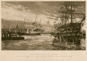 Das Begräbnis von Königin Victoria. Die königliche Yacht Alberta, die den Körper der Königin trägt, fährt bei Sonnenuntergang in den Hafen von Portsmouth ein
