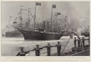 Die Krönungsflottenparade in Spithead, 16. August, die Yacht Seiner Majestät, die Victoria und Albert, mit dem König an Bord, passiert die Linien