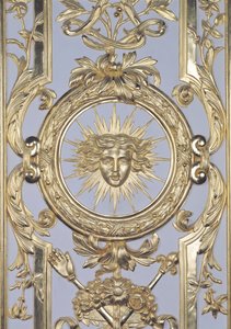 Detail der Wandverkleidung, die das Emblem von Ludwig XIV. 1638-1715 darstellt, aus dem Salon de Venus, 1668