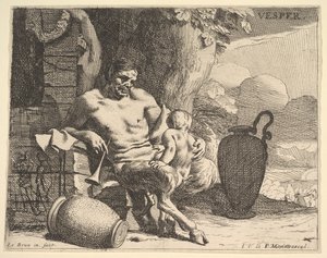 Abend: ein sitzender Satyr umarmt sein Kind, eine Figur hängt einen Kranz an einen Pfeiler