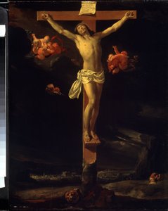 Die Kreuzigung. Man kann die lateinische Inschrift auf dem Kreuz lesen: "His est iesus rex iudeorum" (Dies ist Jesus, der König der Juden). Gemälde von Charles Le Brun von Charles Le Brun