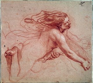Nackte Frau auf ihren Knien. Zeichnung von Charles Lebrun
