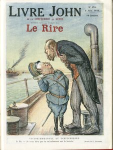 Illustration von Charles Leandre (1862-1934) für das Titelblatt von Le Rire, 03/06/22 - Italien, UdSSR - Viktor Emanuel I., Georgi Tschitscherin (1872-1936)