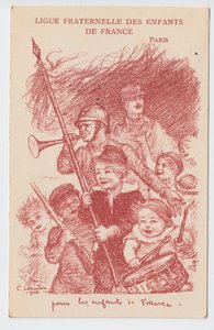 Postkarte, Satirische in Farben: Ligue fraternelle des enfants de France - Krieg von 14-18, Kindheit, Patriotische Tage Illustration von Charles Leandre (1862-1934)