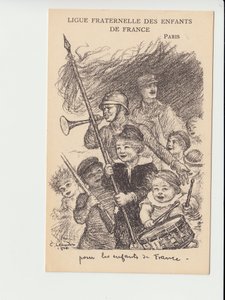 Postkarte, Satirisch in Schwarz-Weiß: Ligue fraternelle des enfants de France - Krieg von 14-18, Musik, Kindheit, Ligue fraternelle des enfants de France - Soldaten Illustration von Charles Leandre