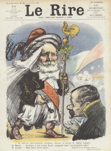 Präsident Loubet von Frankreich wird vom Generalgouverneur von Algerien, Paul Revoil, empfangen. Illustration für Le Rire