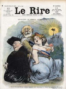Trennung von Kirche und Staat: „Der französische Politiker Jean-Bienvenu Martin (Bienvenu-Martin) (1847-1943), Minister für öffentliche Bildung, Schöne Künste und Gottesdienste, versucht verzweifelt, die Kirche als Priester von Frankreich zu trennen (franz von Charles Leandre