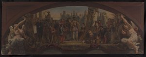 Skizze für den Denon-Pavillon im Louvre: Die vier Lebensalter der Kunst in Frankreich - Präsentation der Pläne für das Schloss Fontainebleau an Franz I., um 1864 von Charles Louis Lucien Muller