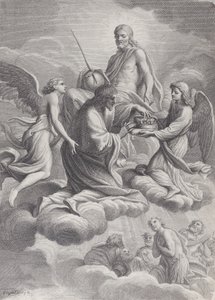 Saint Louis von Frankreich wird von Christus und zwei Engeln in den Himmel aufgenommen, die ihm die Krone anbieten von Charles Louis Simonneau