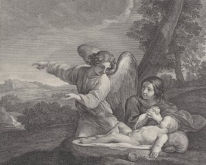 Der Engel erscheint Hagar in der Wüste, während sie ihre Hände faltet von Charles Louis Simonneau