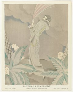 Gazette du Bon Ton 1923, Nr. 5, Pl. 23: Die Frau mit dem Smaragd - Mantel aus Tigerfell, von Max-Leroy von Charles Martin