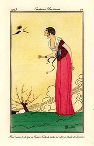 Frau im Glockenhut, Etuikleid und Satinoberteil von Charles Martin