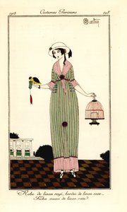 Frau im gestreiften Leinenkleid mit einem Vogel und Käfig von Charles Martin