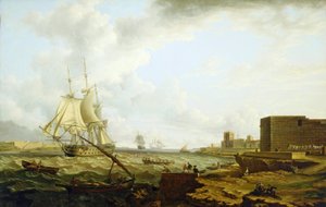 Ein drittklassiges Kriegsschiff der britischen Royal Navy, das in den Hafen von Port Mahon (Spanien) einfährt, mit einem kleinen Boot, das Offiziere zum Dock auf der rechten Seite bringt