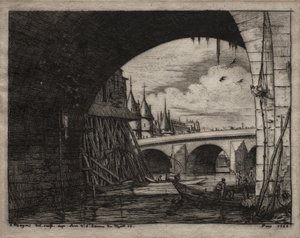 Radierungen von Paris: Ein Bogen der Notre-Dame-Brücke