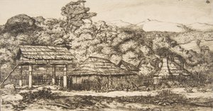 Einheimische Scheunen und Hütten in Akaroa, Banks-Halbinsel, 1845, 1860