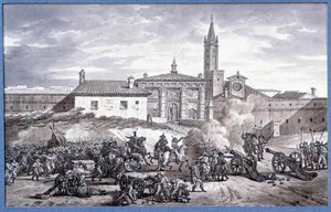 Kampagnen in Italien: Napoleon Bonaparte (1769-1821) und Marschall Augereau setzen 1796 eine Tür von Verona in Italien mit einer Kanone, Zeichnung in Feder zugeschrieben Charles Meynier (1768-1832). Maße 0,25x0,4 m. Paris, Louvre Museum