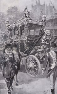 König Edward VII. und Königin Alexandra in der Staatskutsche auf dem Rückweg von ihrer Krönung in der Westminster Abbey, London von Charles Mills (after) Sheldon