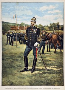 Das Feuerwehrregiment hat das Longchamps-Magazin (Porträt von Oberst Couston), Illustration von Charles Morel (1861-1908). Gravur von 1887 in „Paris-Illustrous journal weekly“.