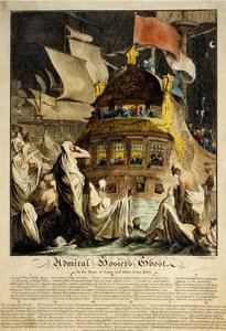 Der Geist von Admiral Hosier, das Bild zeigt ein Schiff, umgeben von Geistern in Leichentüchern, mit den Befestigungen eines Hafens