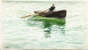 Mann rudert ein Beiboot