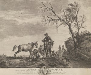 Ein Unfall beim Reisen, ein kniender Mann repariert einen gebrochenen Sattel, ein Pferd uriniert, 1740-50