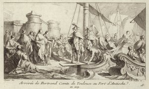 Ankunft von Bertrand, Graf von Toulouse, im Hafen von Antiochia, um seine Herrschaft über die Grafschaft Tripolis anzutreten
