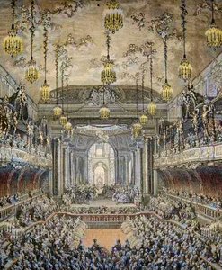 Darstellung der Ballettkomödie „La Princesse de Navarre“ in Versailles, anlässlich der Hochzeit von Louis Dauphin von Frankreich mit Marie Therese von Spanien (1726-1746) in Versailles am 23. Februar von Charles Nicolas II Cochin