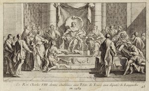 König Karl VIII. von Frankreich hört die Abgeordneten aus Languedoc bei den Generalständen in Tours an von Charles Nicolas II Cochin