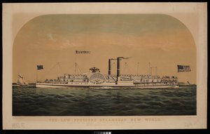 Das Niederdruckdampfschiff New World. Fahrt auf dem Hudson River, zwischen New York und Albany (Lithographie, koloriert)