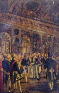 Der Senat überreicht Louis Napoleon Bonaparte (1808-73) das Ergebnis des Plebiszits, das ihn zum Kaiser erklärt, in Saint-Cloud, 1. Dezember 1852