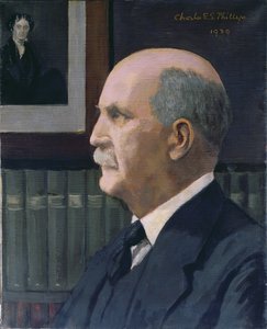 William Henry Bragg (1862-1942) mit einem Bild von Michael Faraday (1791-1867) im Hintergrund, 1939