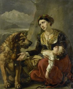 Ein Bernhardinerhund kommt einer verlorenen Frau mit einem kranken Kind zu Hilfe