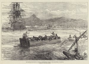 Die britische Besetzung von Zypern, Ausschiffung von Pferden in der Reede von Larnaca von Sir John Charles Robinson