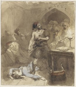 Mann und auf dem Boden liegende Frau in einem maurischen Raum von Charles Rochussen