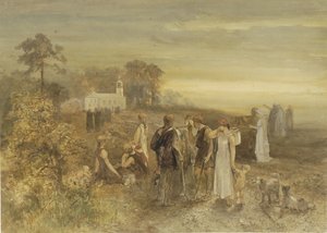 Mönche begeben sich zu einer Kirche, beobachtet von einer Gruppe Germanen von Charles Rochussen