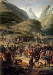 Die französische Armee in Bourg-Saint-Pierre für die Überquerung des Großen Sankt Bernhard am 20.05.1800. Gemälde von Charles Thevenin (1764-1838)