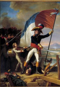 Der General Pierre Augereau (1757-1816) führt den Angriff auf die Brücke von Arcole am 15. November von Charles Thevenin