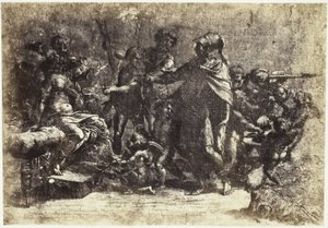 Fotoreproduktion einer Zeichnung von Raffael, Szene mit Soldaten, einer nackten Frau und einem Engel von Charles Thurston Thompson