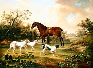 Ein Bay Hunter und drei Pointer in einer Landschaft mit Lyston Hall im Hintergrund