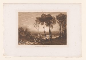 Landschaft mit drei Hirten und Brücke mit acht Bögen